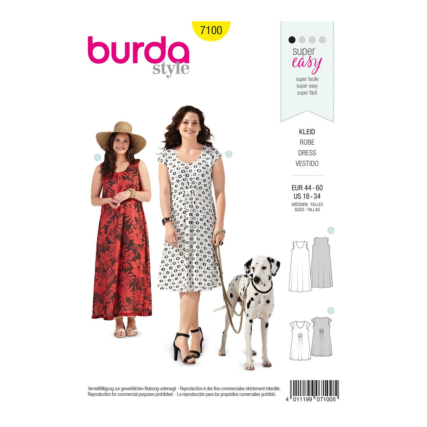 burda style Schnittmuster 7100: Sommerkleid für Curvy-Größen, Vorderseite der Schnittmustertüte