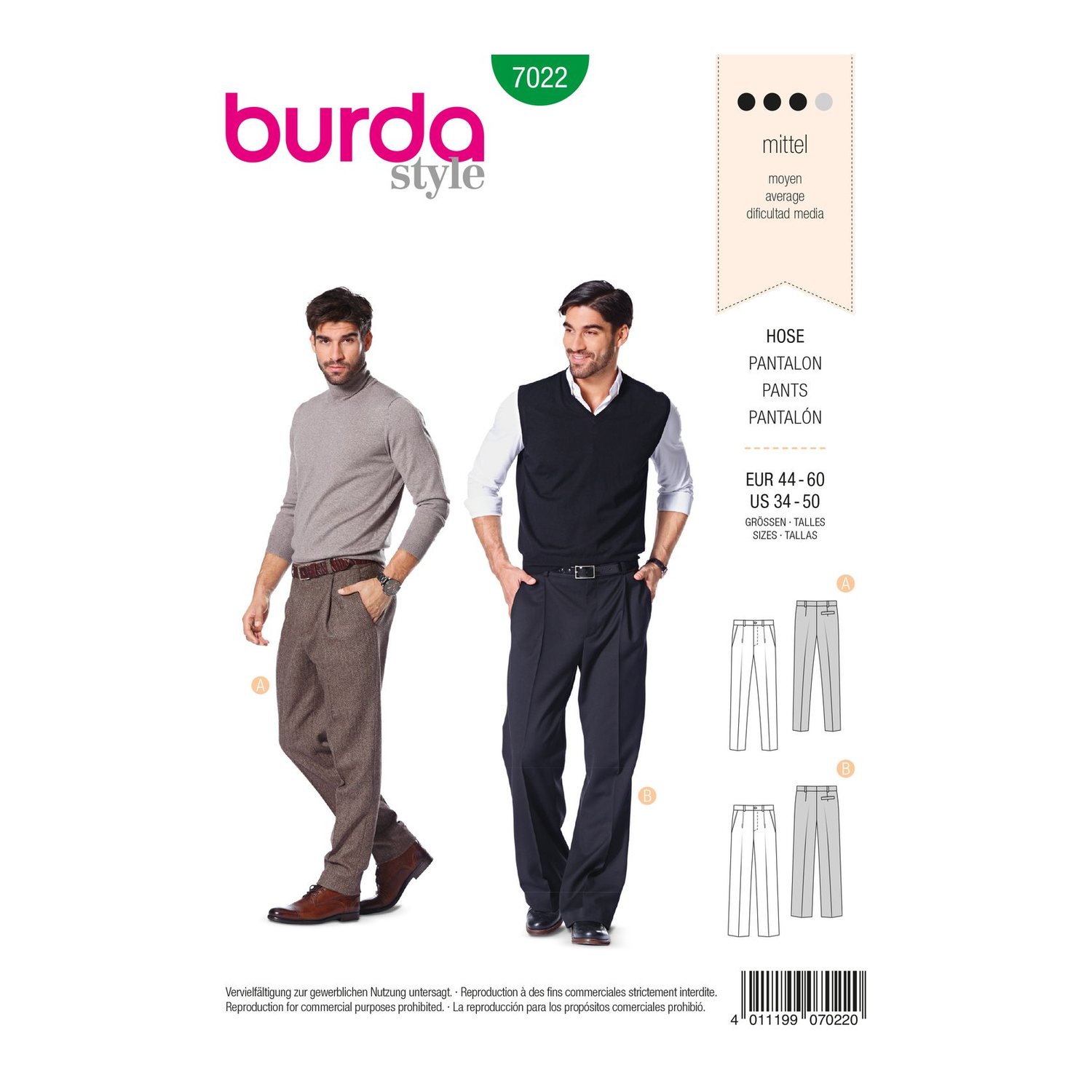 burda style Schnittmuster 7022: Herrenhose mit Bundfalte, Vorderseite der Schnittmustertüte