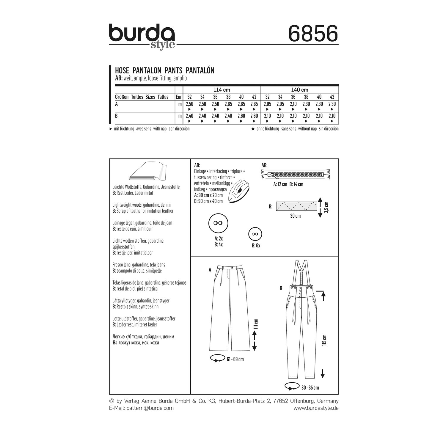 burda style Schnittmuster 6856: Marlenehose und High-Waist-Hose, Rückseite der Schnittmustertüte mit Stoffverbrauch