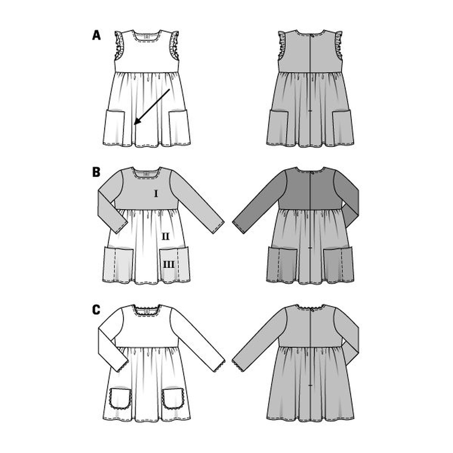 burda style Schnittmuster 9373: Kleid für Kinder, Technische Zeichnung