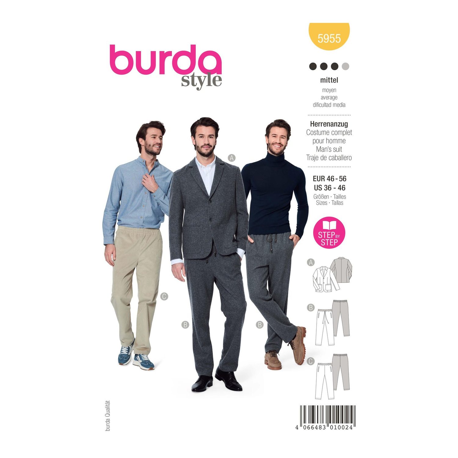 burda style Schnittmuster 5955: Herrenanzug mit Schlupfhose, Modellfoto 1