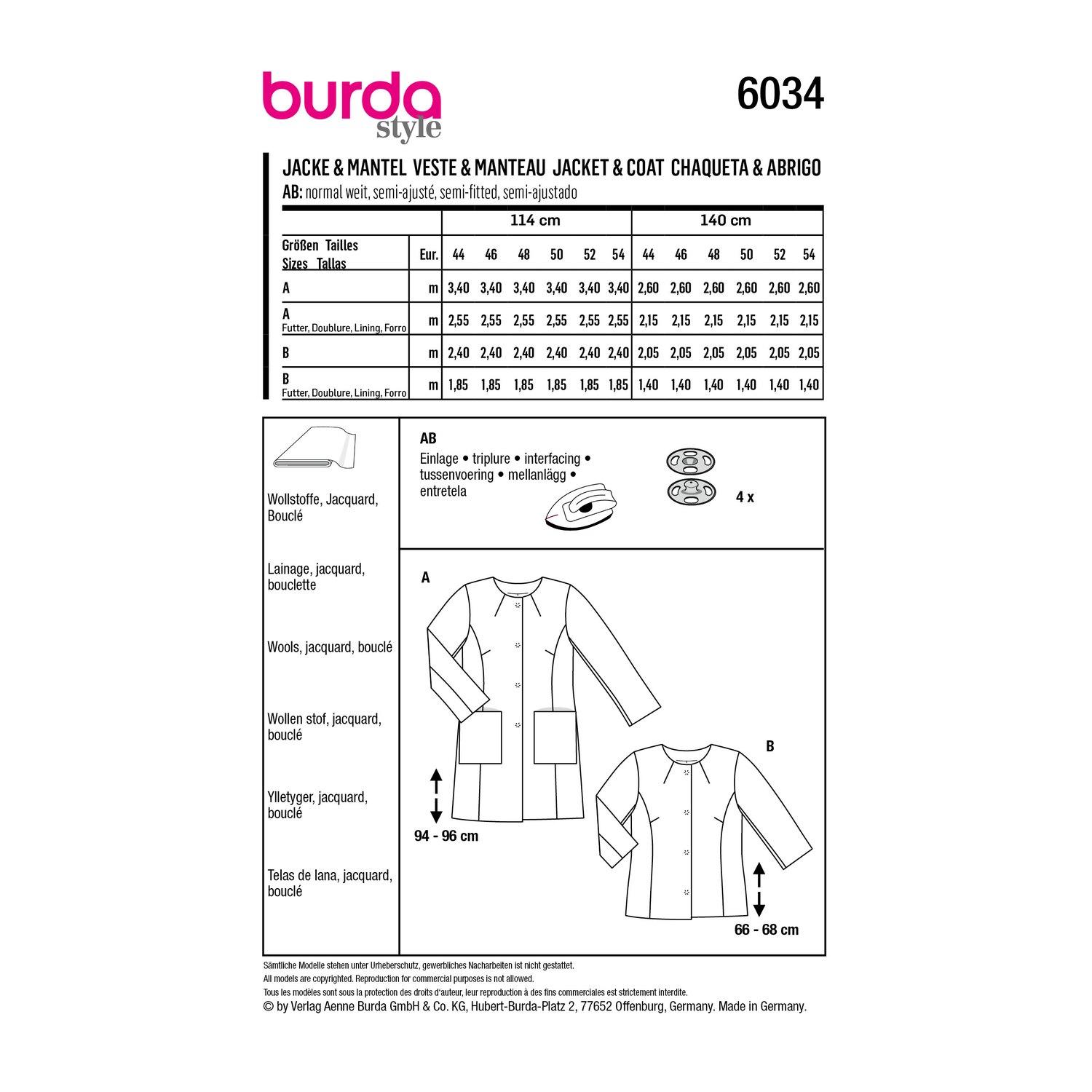 burda style Schnittmuster 6034: Kragenloser Mantel und Jacke, Rückseite der Schnittmustertüte mit Stoffverbrauch