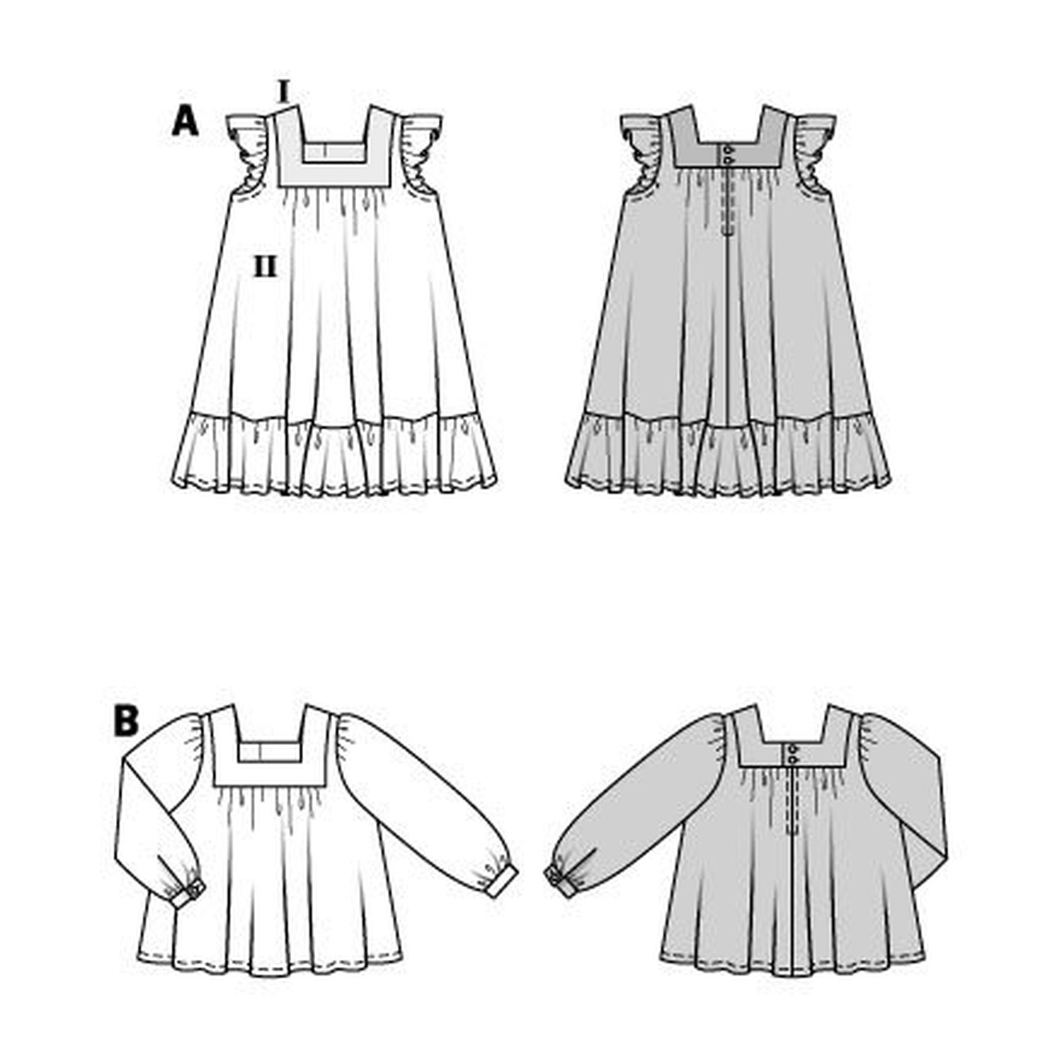 burda style Schnittmuster 9249: Kleid und Bluse mit Eckausschnitt, Technische Zeichnung