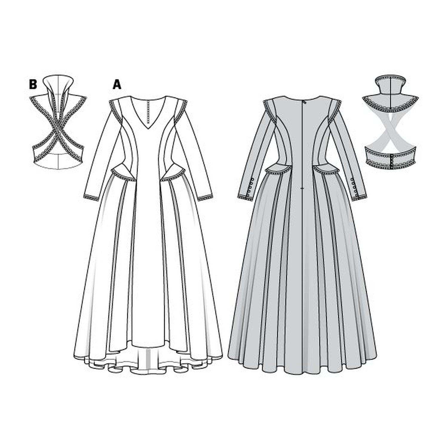 burda style Schnittmuster 6398: Renaissance-Kleid mit Korsage, Technische Zeichnung