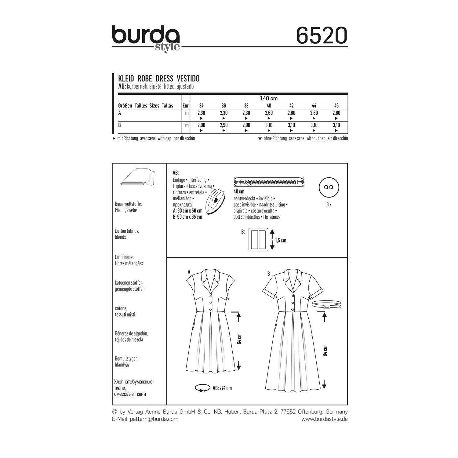 burda style Schnittmuster 6520: Hemdblusenkleid mit weitem Rock, Rückseite der Schnittmustertüte mit Stoffverbrauch
