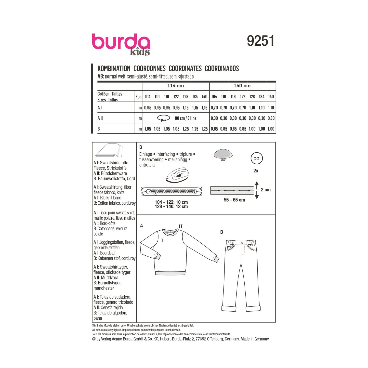 burda style Schnittmuster 9251: Pulli und Five-Pocket-Hose, Rückseite der Schnittmustertüte mit Stoffverbrauch