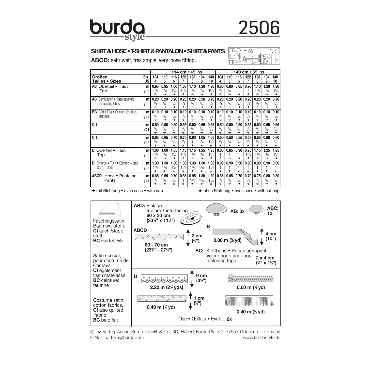 burda style Schnittmuster 2506: Kostümbasis Shirt und Hose, Rückseite der Schnittmustertüte mit Stoffverbrauch