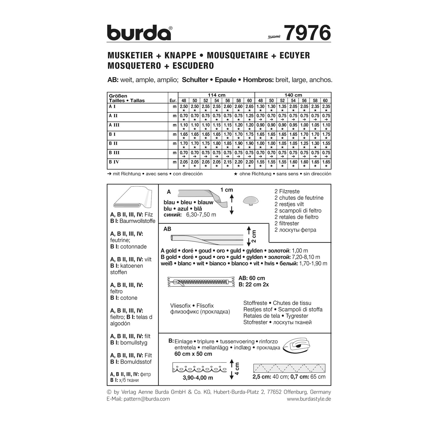 burda style Schnittmuster 7976: Musketier- und Knappenkostüm, Rückseite der Schnittmustertüte mit Stoffverbrauch