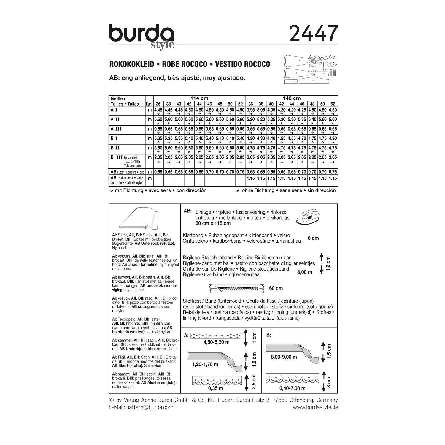 burda style Schnittmuster 2447: Kleid im Rokoko-Stil, Rückseite der Schnittmustertüte mit Stoffverbrauch