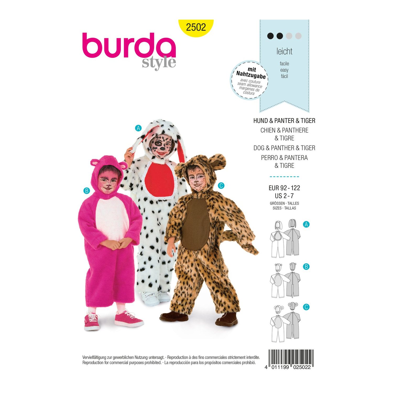 burda style Schnittmuster 2502: Tieroverall für Kinder, Vorderseite der Schnittmustertüte