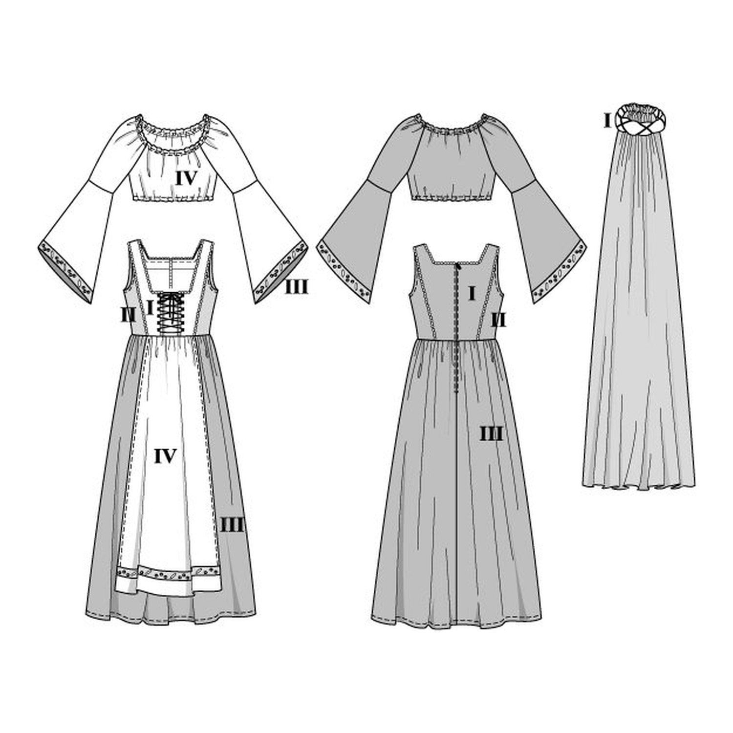 burda style Schnittmuster 2509: Burgfräulein-Kleid mit Schürze, Technische Zeichnung