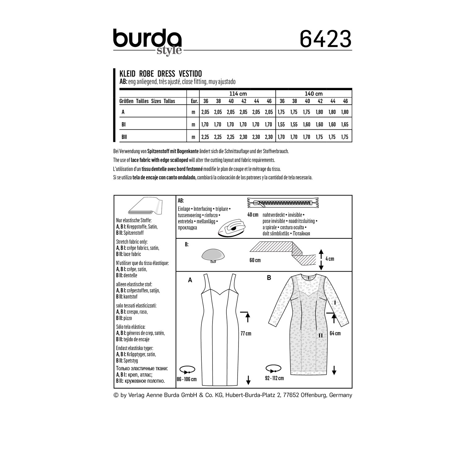 burda style Schnittmuster 6423: Trägerkleid mit Herzausschnitt, Rückseite der Schnittmustertüte mit Stoffverbrauch