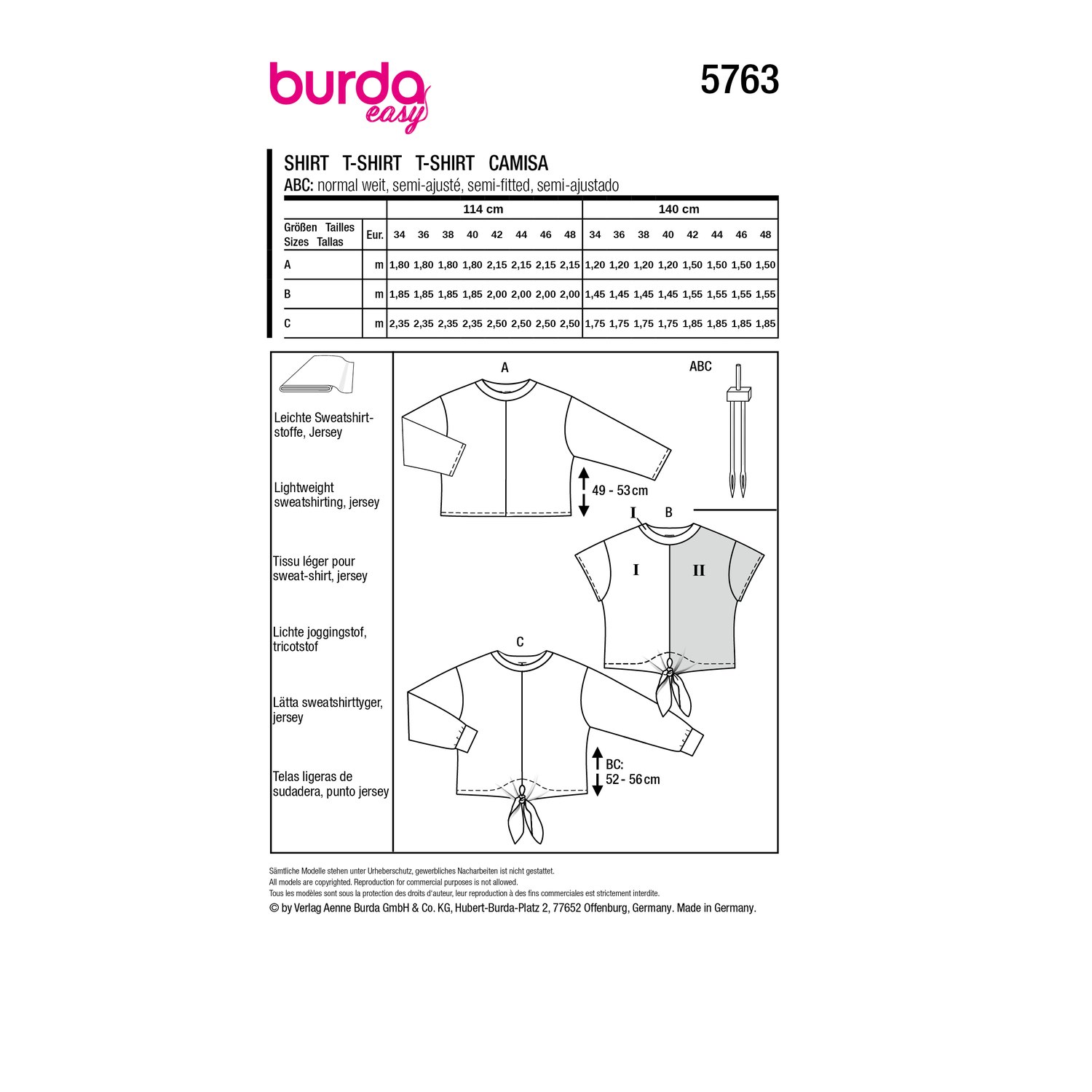 burda style Schnittmuster 5763: Shirts mit Knotendetail, Rückseite der Schnittmustertüte mit Stoffverbrauch