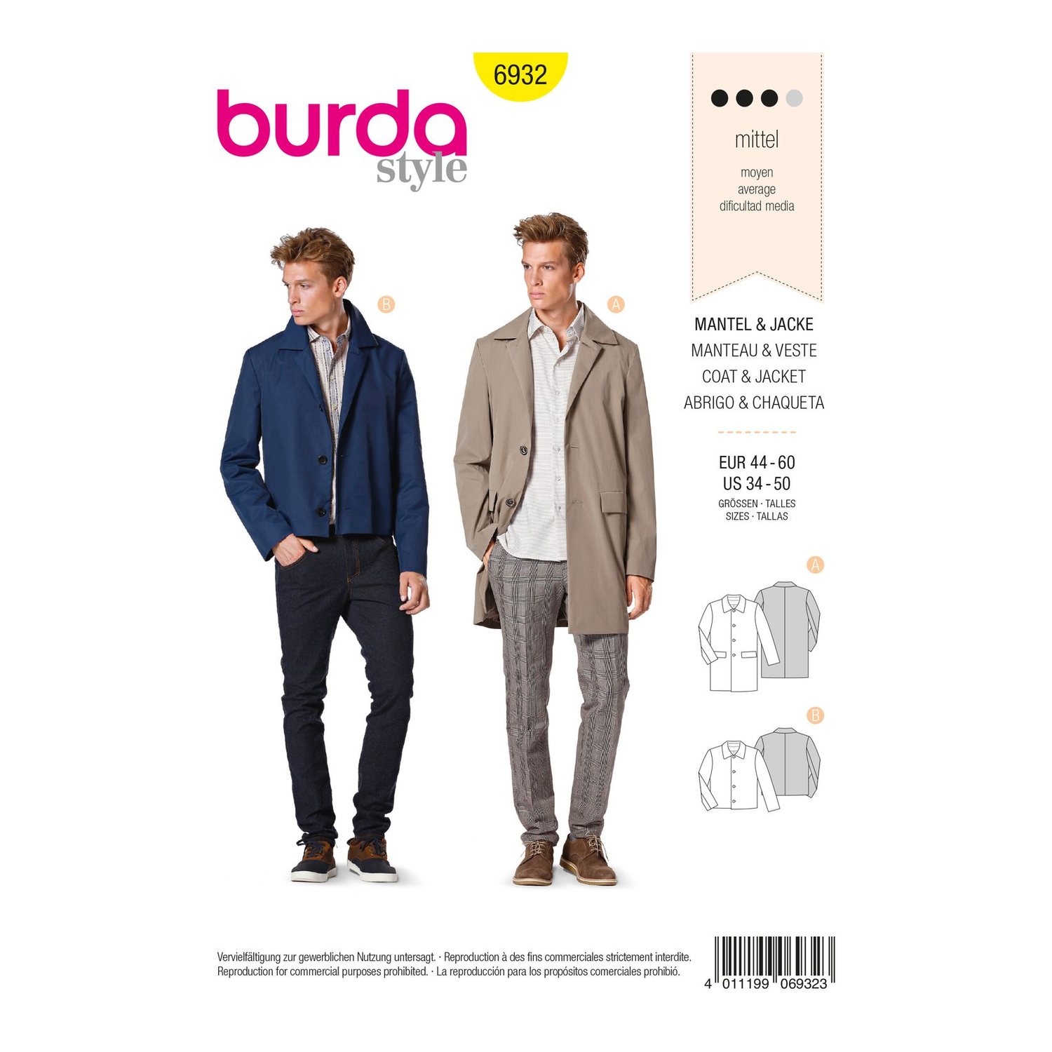 burda style Schnittmuster 6932: Herren-Kurzmantel und Jacke, Vorderseite der Schnittmustertüte