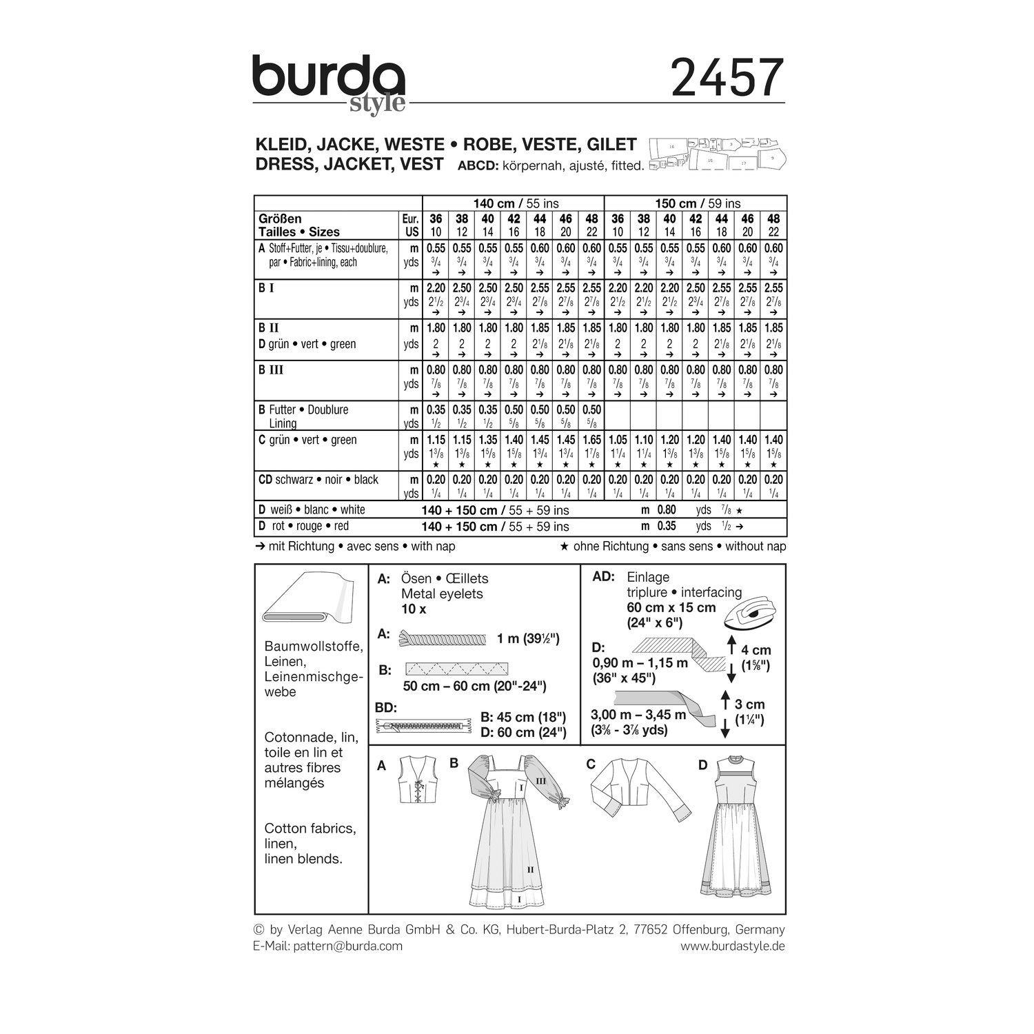 burda style Schnittmuster 2457: Kostüme Magd und Bäuerin, Rückseite der Schnittmustertüte mit Stoffverbrauch