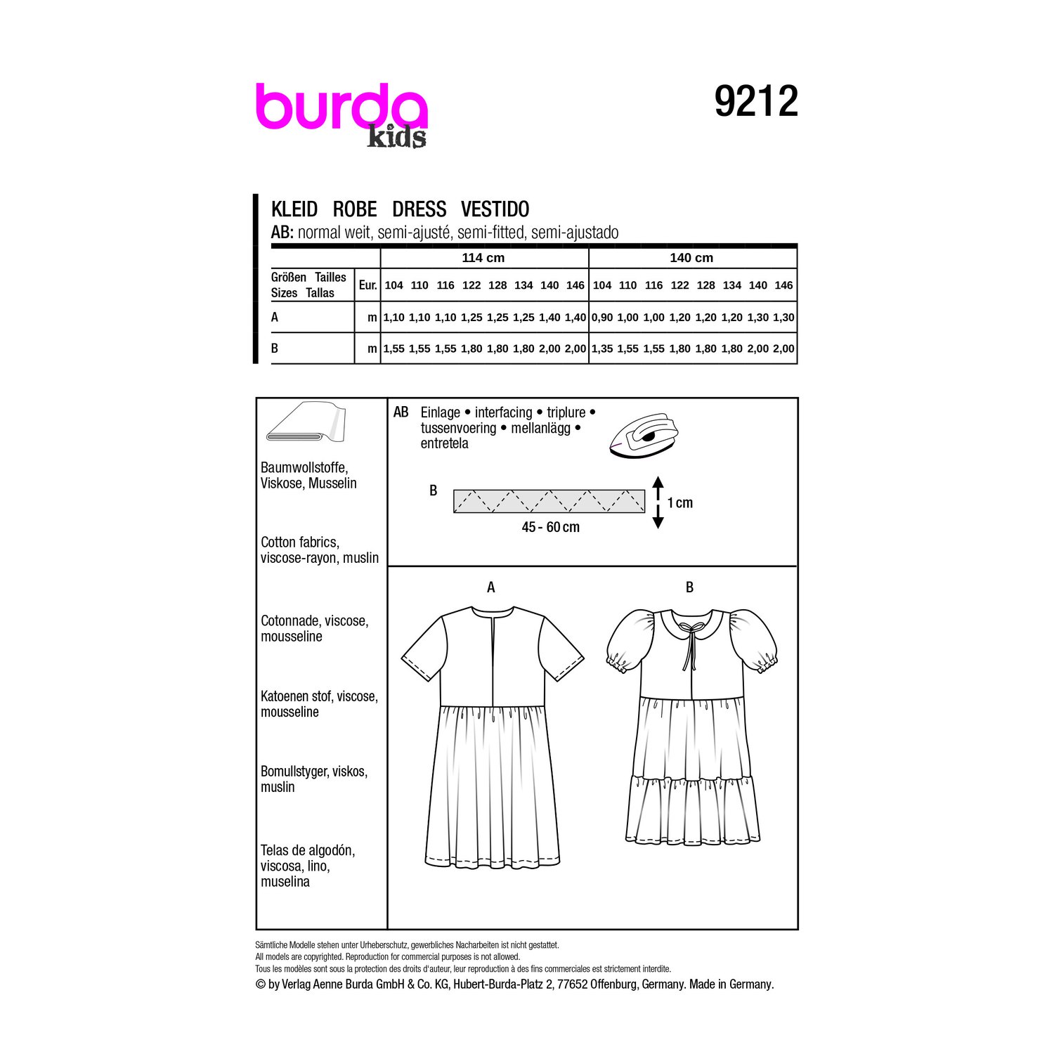 burda style Schnittmuster 9212: Kinderkleid mit Bubikragen, Rückseite der Schnittmustertüte mit Stoffverbrauch