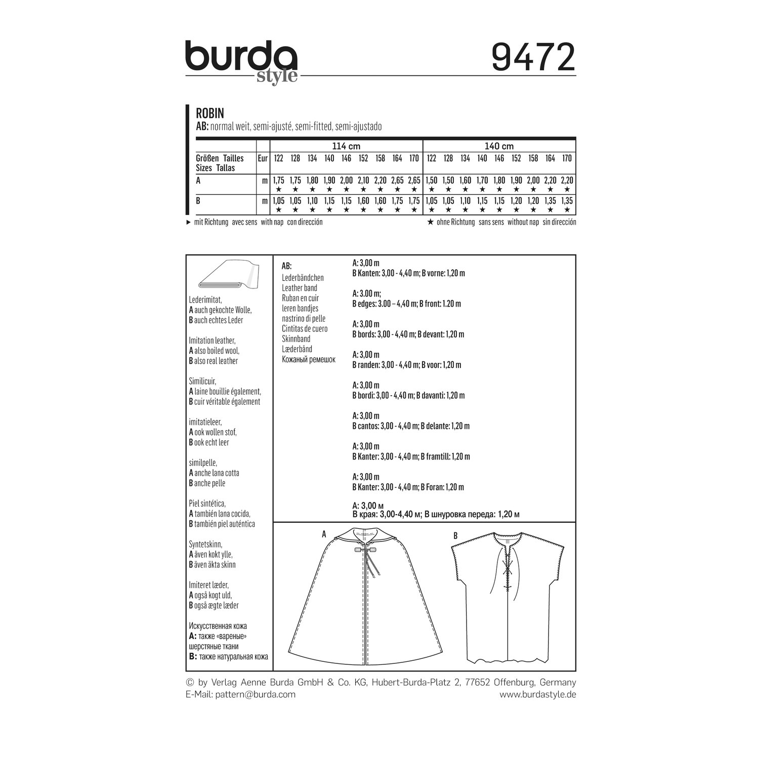 burda style Schnittmuster 9472: Robin-Kostüm für Kinder, Rückseite der Schnittmustertüte mit Stoffverbrauch
