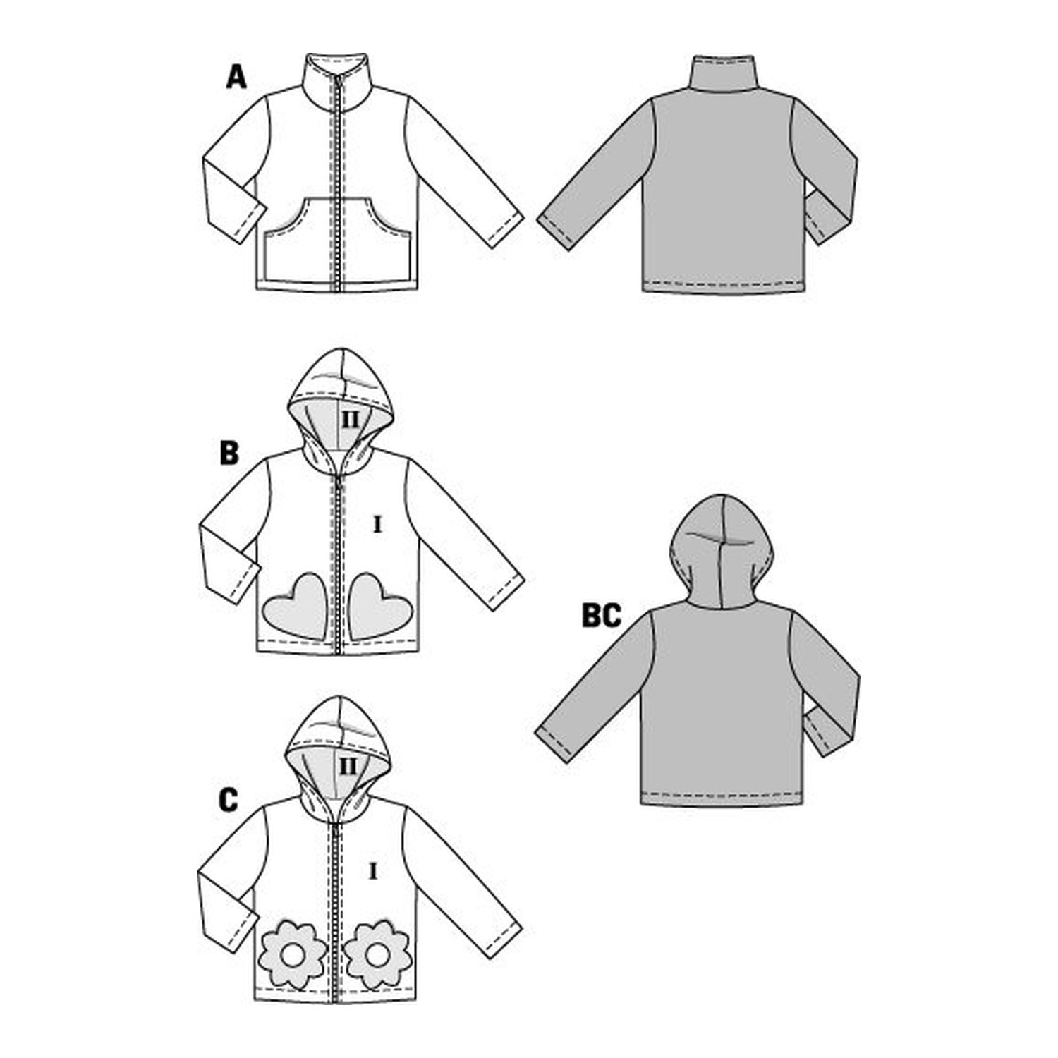 burda style Schnittmuster 9425: Kinderjacke mit Reißverschluss, Technische Zeichnung