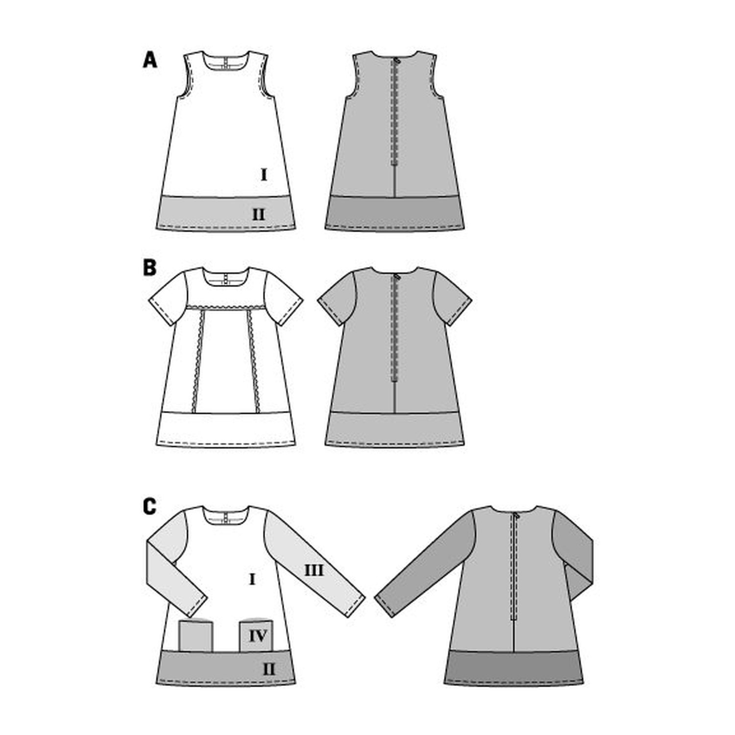burda style Schnittmuster 9380: Einfaches Mädchenkleid, Technische Zeichnung