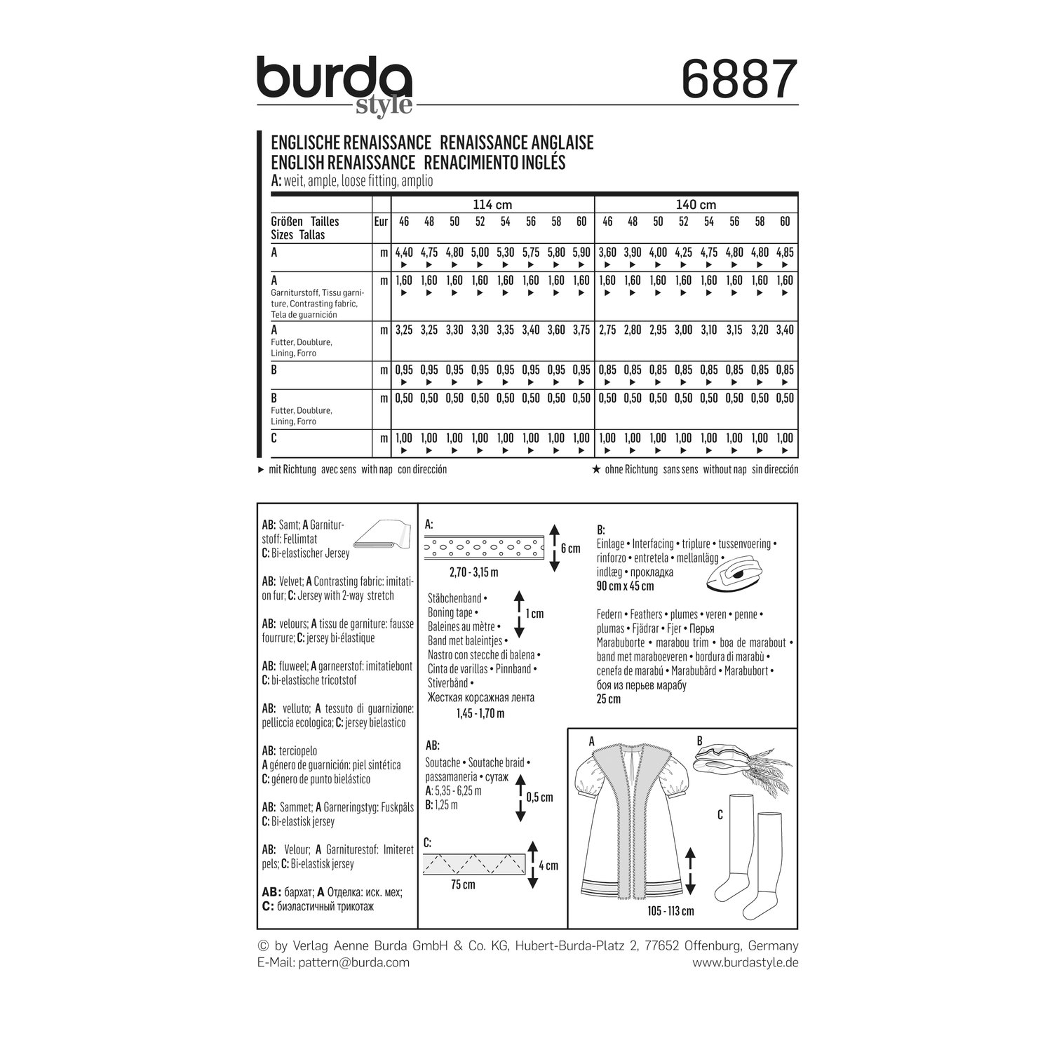 burda style Schnittmuster 6887: Renaissance-Mantel mit Hut, Rückseite der Schnittmustertüte mit Stoffverbrauch
