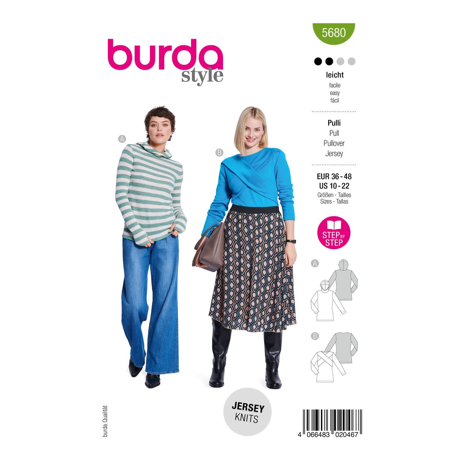 burda style Schnittmuster 5680: Hoodie und Shirt mit Kreuzoptik, Modellfoto 1