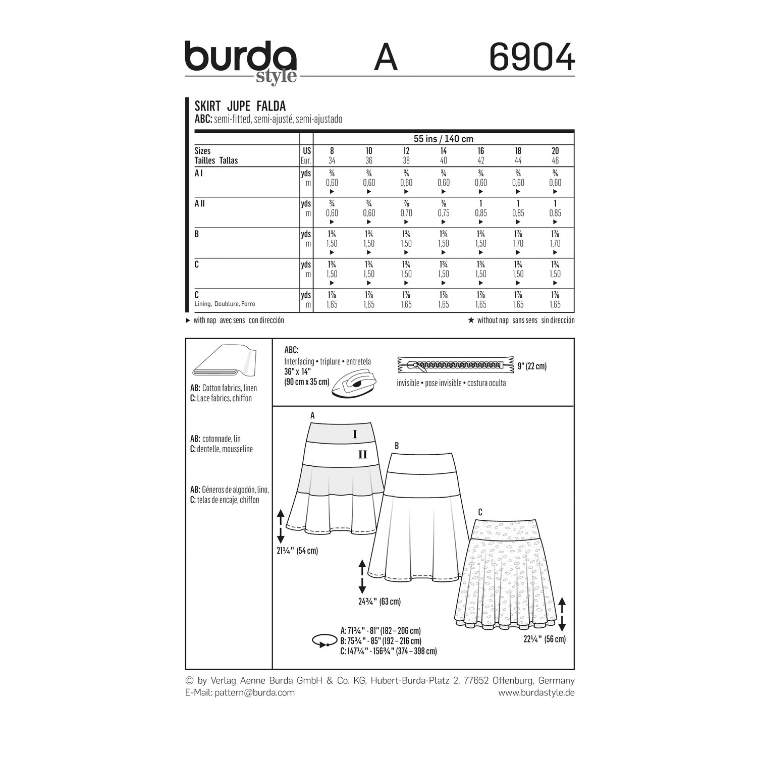 burda style Schnittmuster 6904: Rock mit Hüftpasse, Rückseite der Schnittmustertüte mit Stoffverbrauch