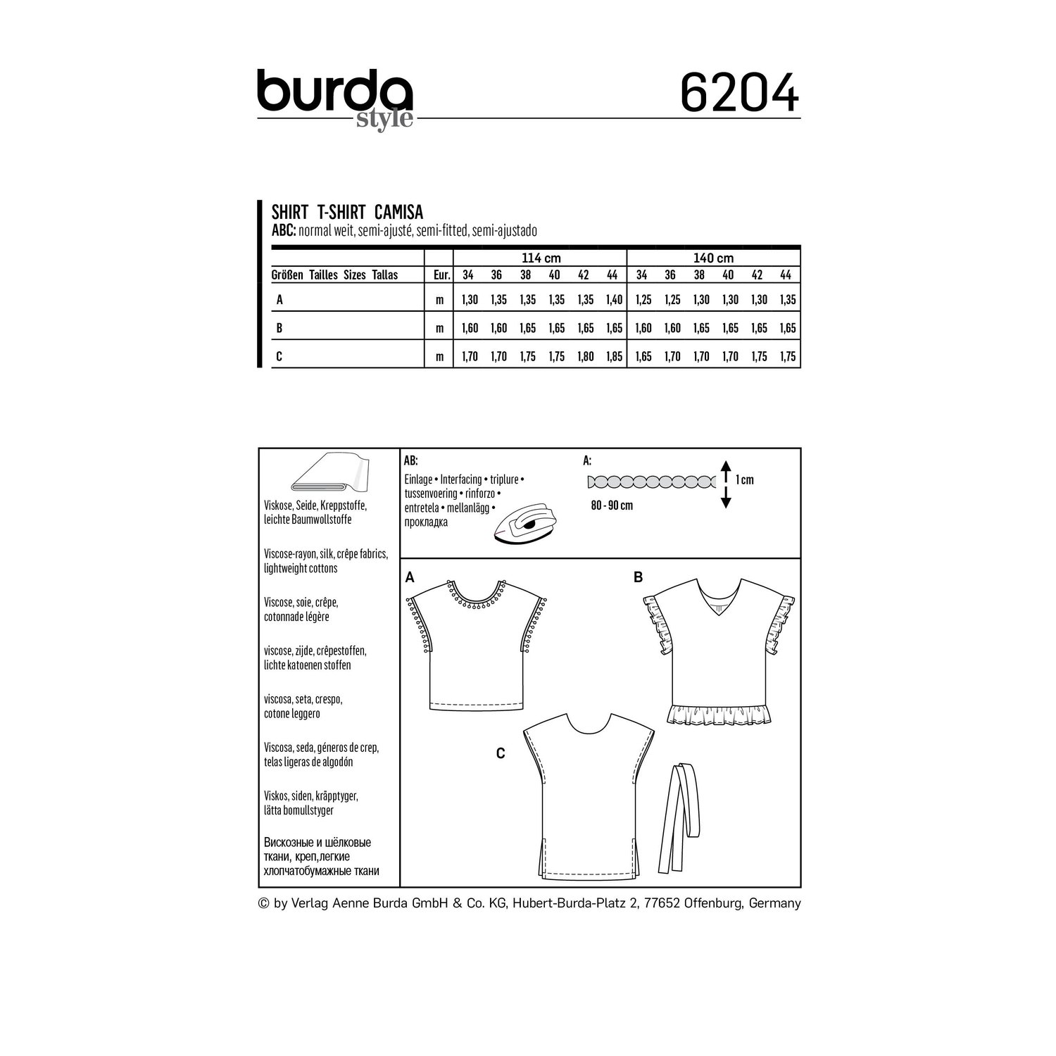 burda style Schnittmuster 6204: T-Shirt mit Fledermausärmeln, Rückseite der Schnittmustertüte mit Stoffverbrauch