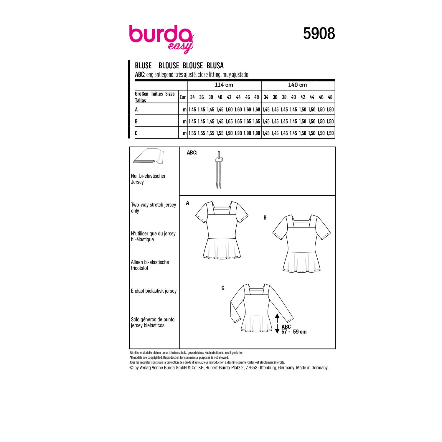 burda style Schnittmuster 5908: Jerseybluse mit Schößchen, Rückseite der Schnittmustertüte mit Stoffverbrauch