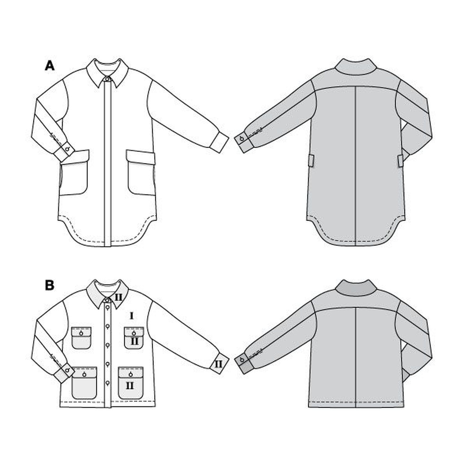 burda style Schnittmuster 5794: Mantel und Utility-Jacke, Technische Zeichnung