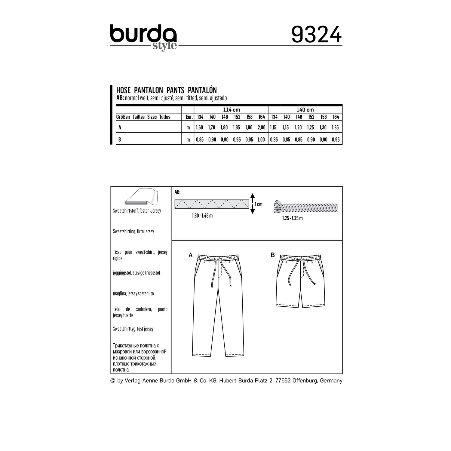 burda style Schnittmuster 9324: Bermudashorts aus Jersey, Rückseite der Schnittmustertüte mit Stoffverbrauch