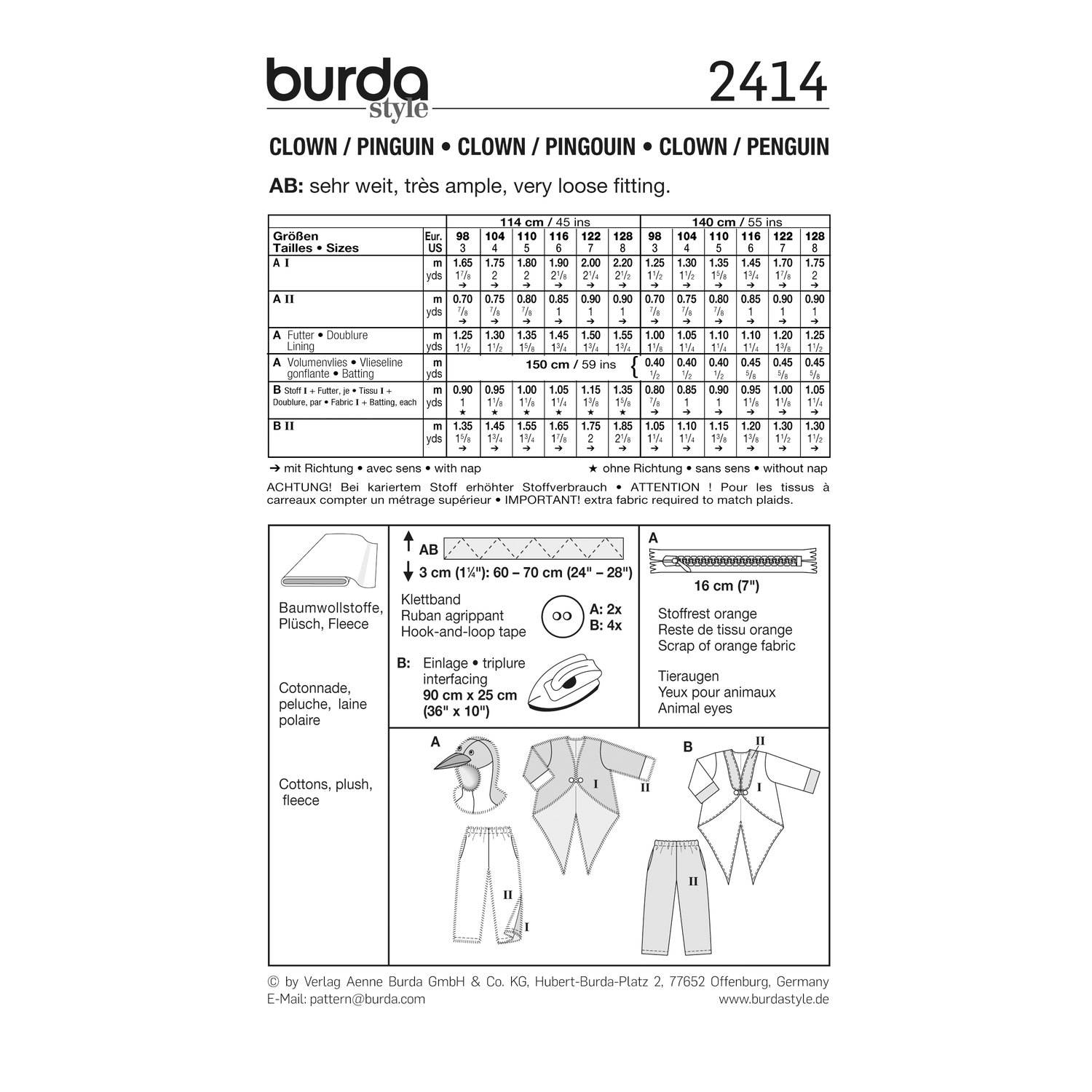 burda style Schnittmuster 2414: Kostüme Clown und Pinguin für Kinder, Rückseite der Schnittmustertüte mit Stoffverbrauch