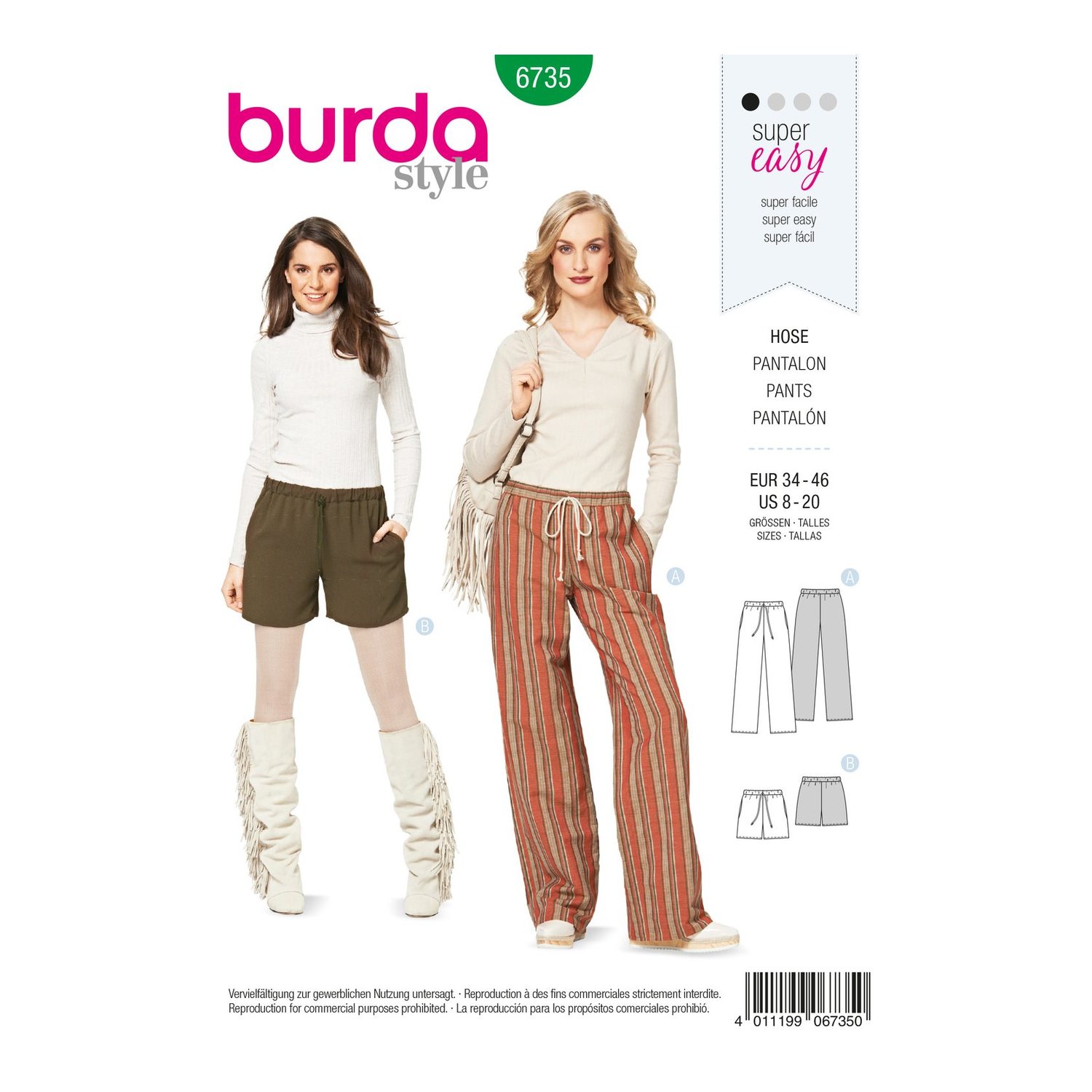 burda style Schnittmuster 6735: Bequeme Hose mit Kordelzug, Vorderseite der Schnittmustertüte