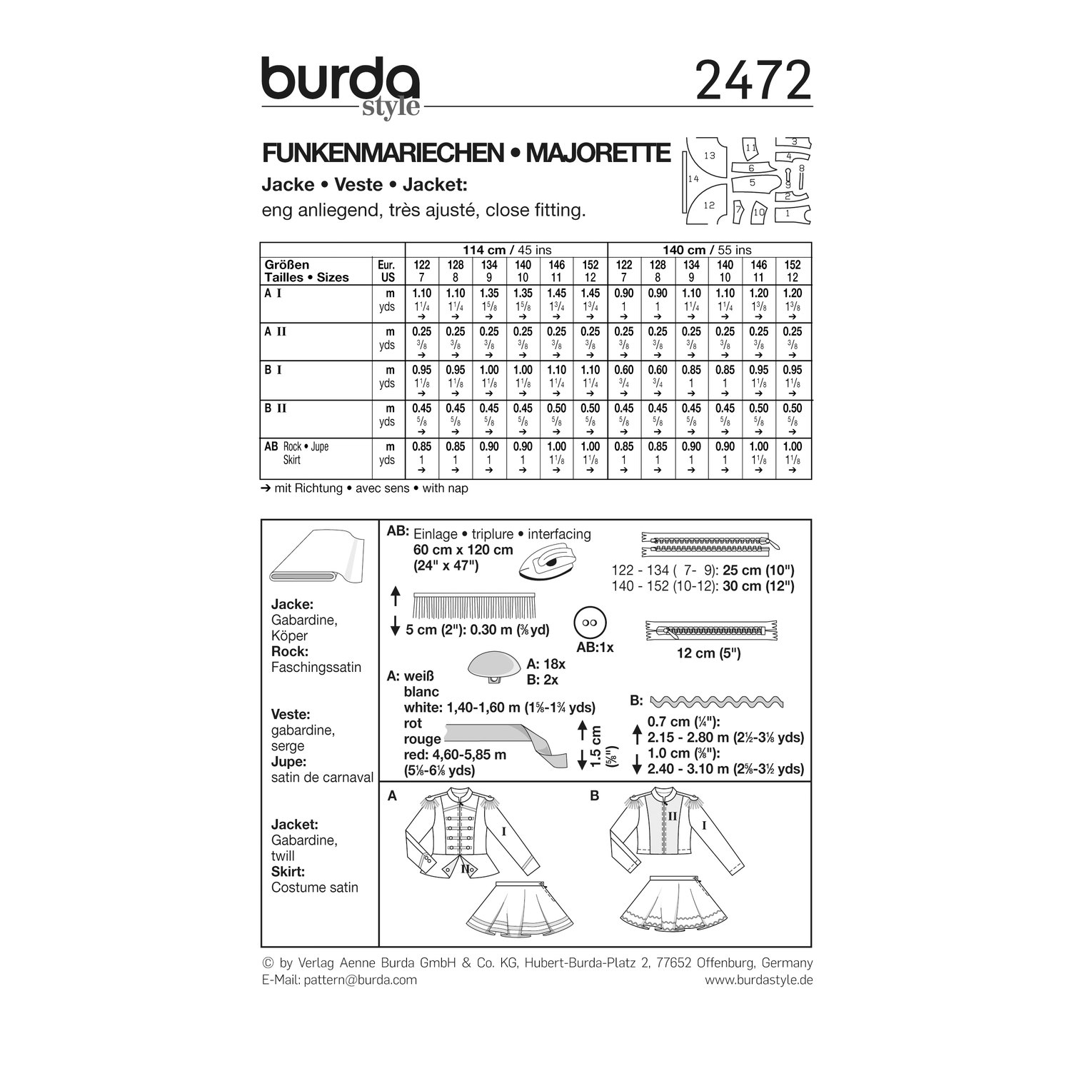 burda style Schnittmuster 2472: Kostüm für Funkenmariechen, Rückseite der Schnittmustertüte mit Stoffverbrauch
