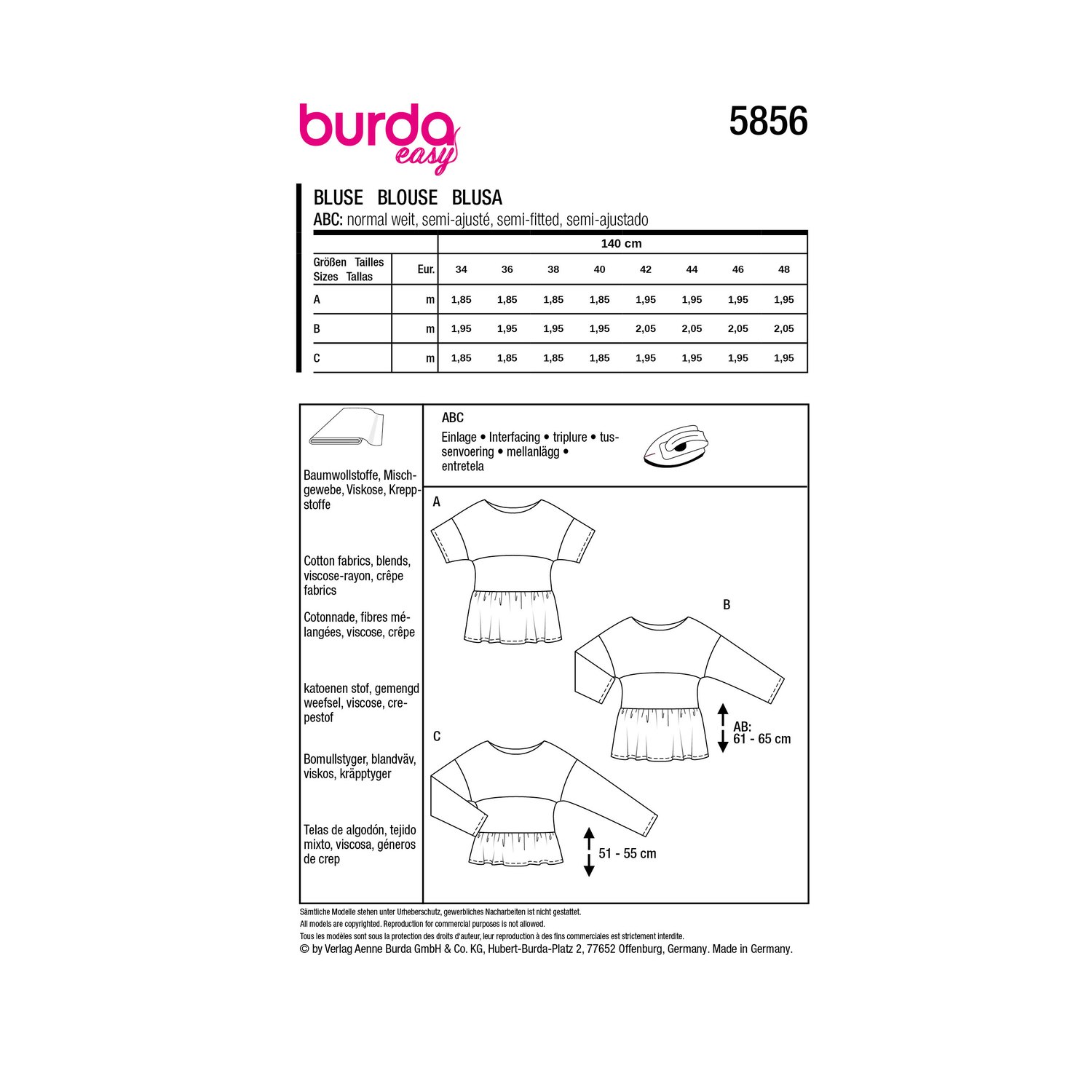 burda style Schnittmuster 5856: Blusenshirt mit Saumrüsche, Rückseite der Schnittmustertüte mit Stoffverbrauch