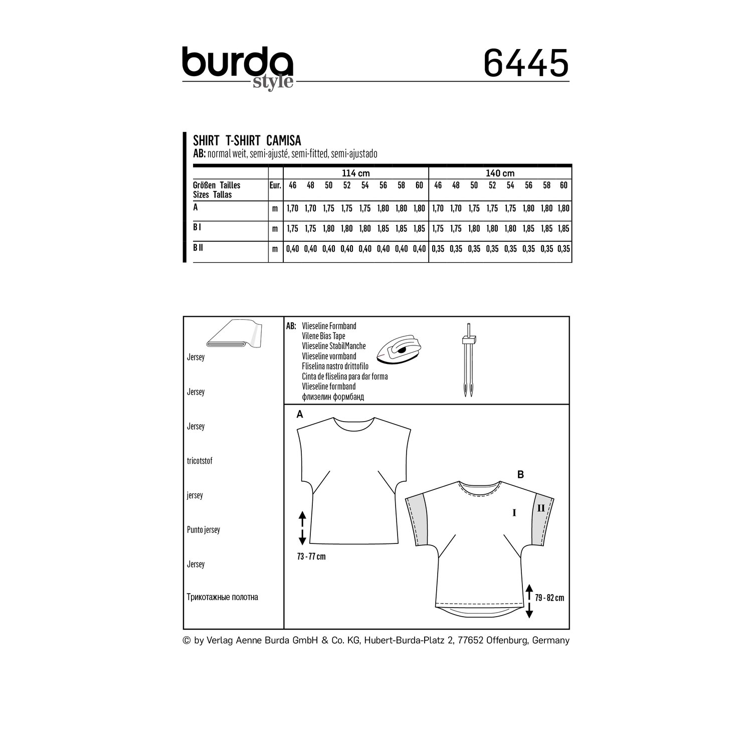 burda style Schnittmuster 6445: Lässiges Shirt mit angeschnittenen Ärmeln, Rückseite der Schnittmustertüte mit Stoffverbrauch