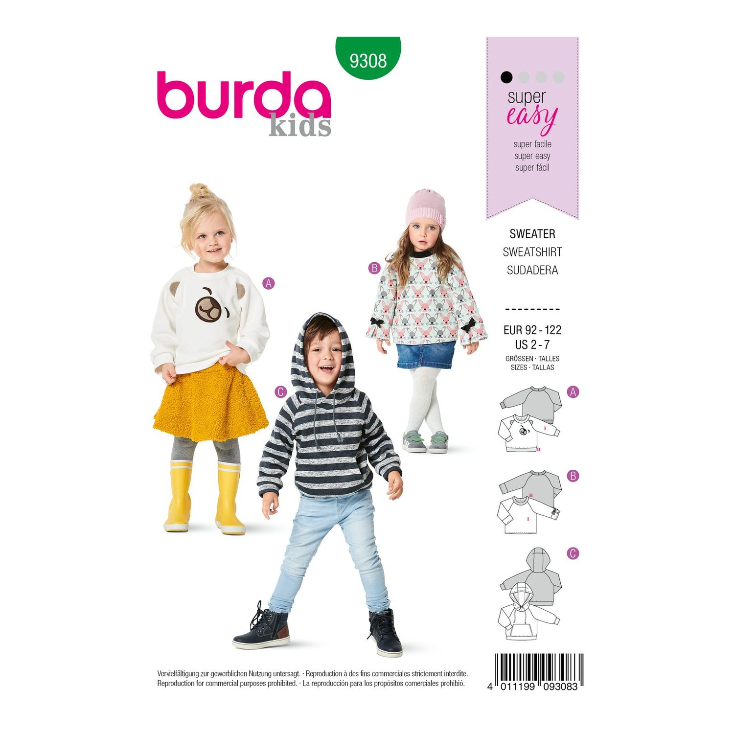 burda style Schnittmuster 9308: Sweatshirts und Hoodie, Vorderseite der Schnittmustertüte