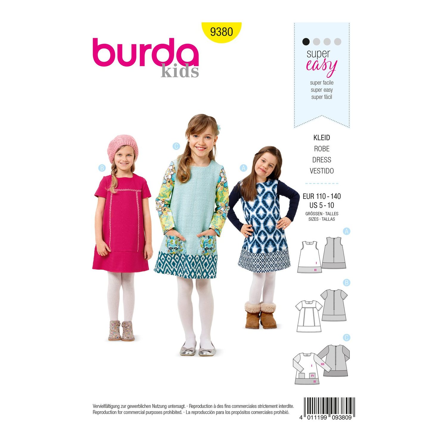 burda style Schnittmuster 9380: Einfaches Mädchenkleid, Vorderseite der Schnittmustertüte