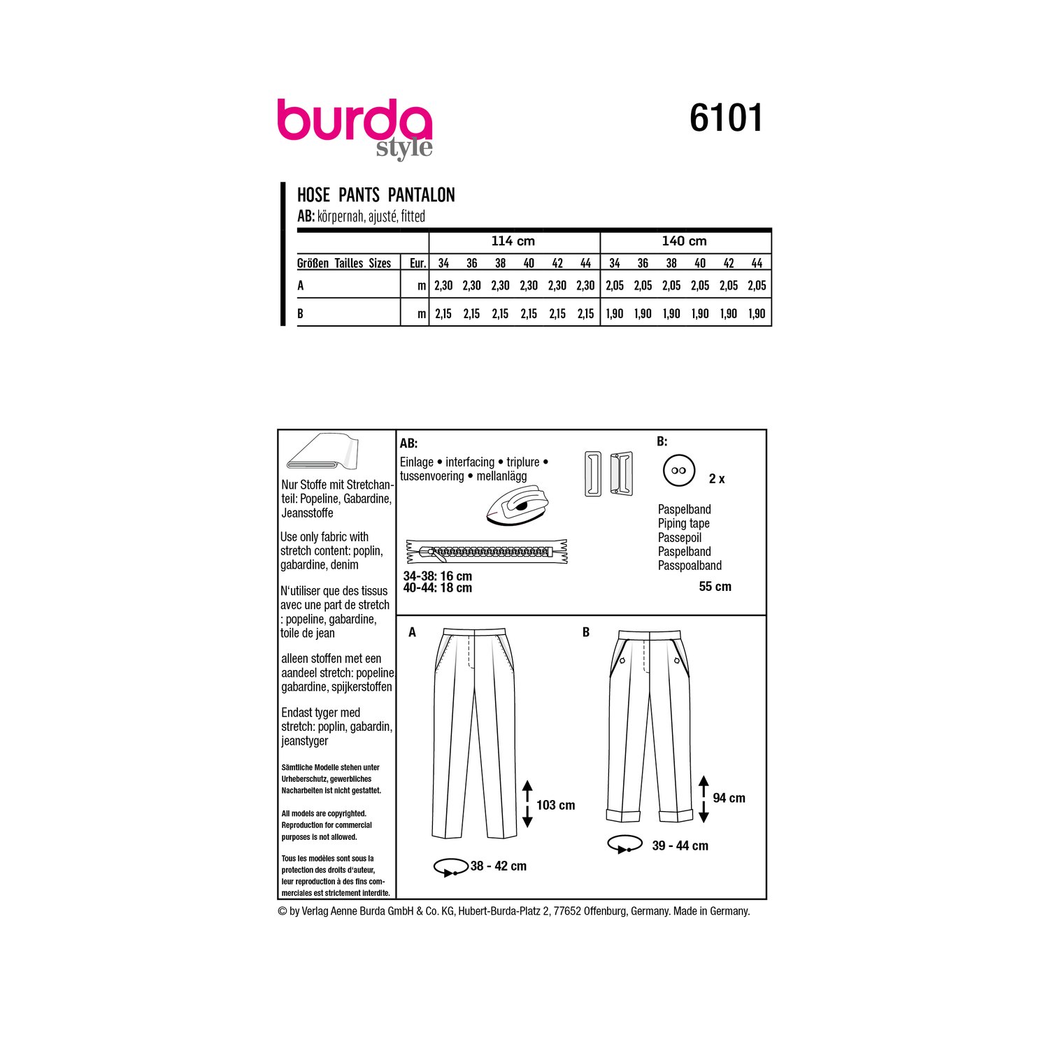 burda style Schnittmuster 6101: Stoffhose mit Bügelfalte, Rückseite der Schnittmustertüte mit Stoffverbrauch