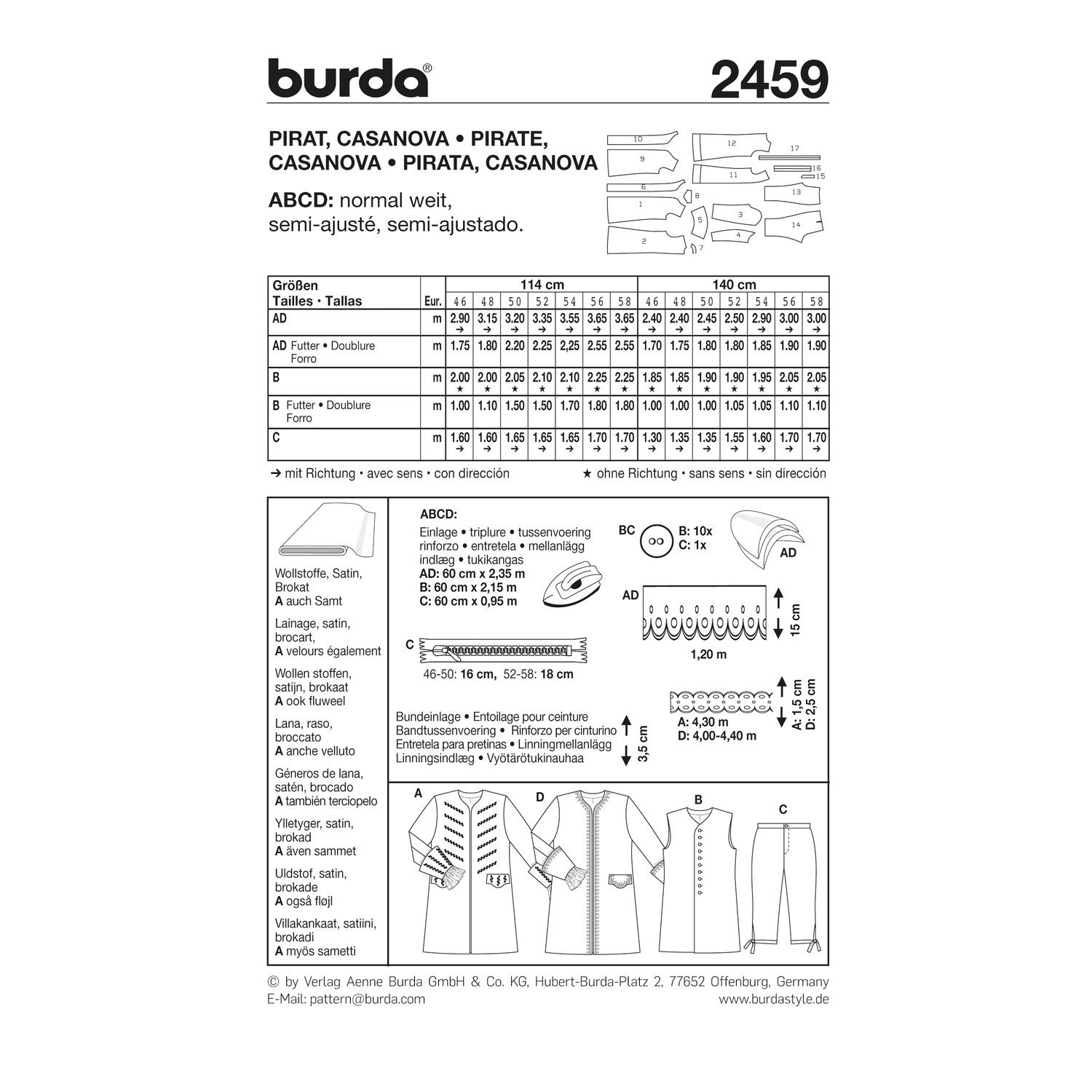 burda style Schnittmuster 2459: Herrenkostüme Pirat und Casanova, Rückseite der Schnittmustertüte mit Stoffverbrauch