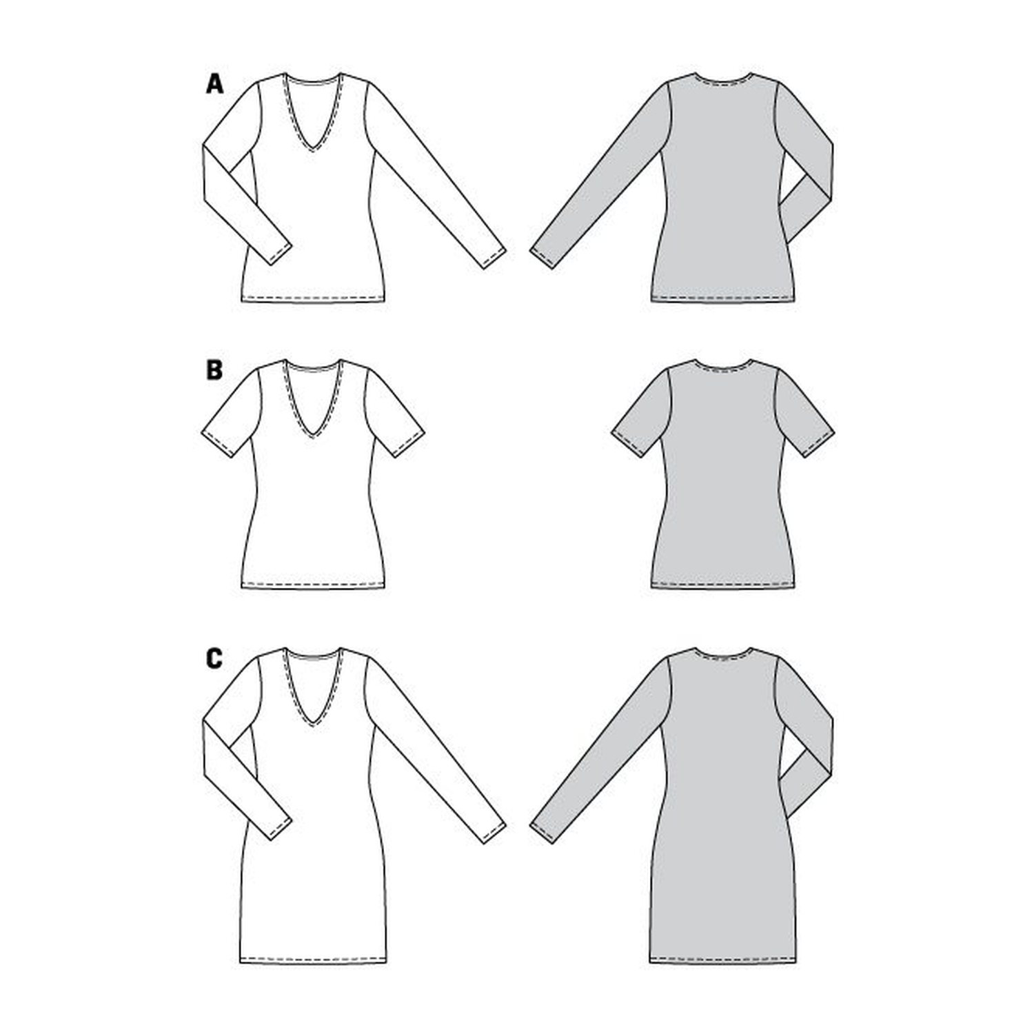 burda style Schnittmuster 6075: Shirt und Kleid mit V-Ausschnitt, Technische Zeichnung