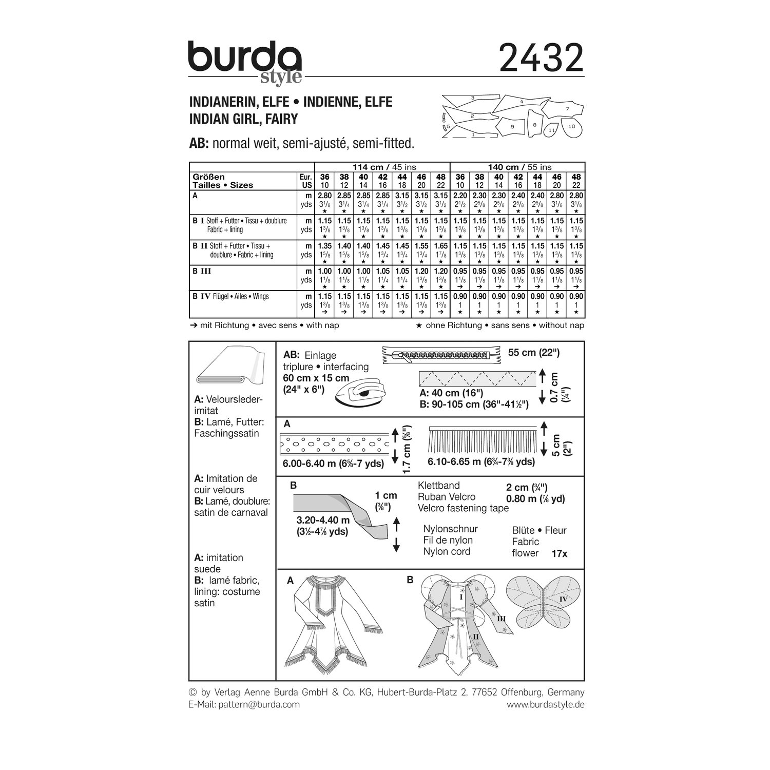 burda style Schnittmuster 2432: Kostümkleider Indianerin und Elfe, Rückseite der Schnittmustertüte mit Stoffverbrauch