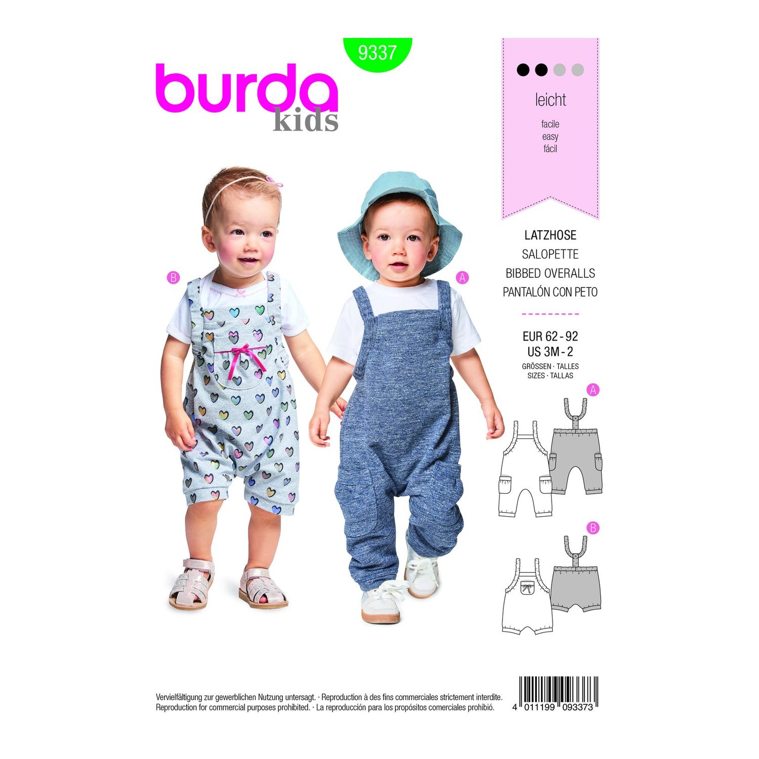 burda style Schnittmuster 9337: Babylatzhose mit Gummizug, Vorderseite der Schnittmustertüte