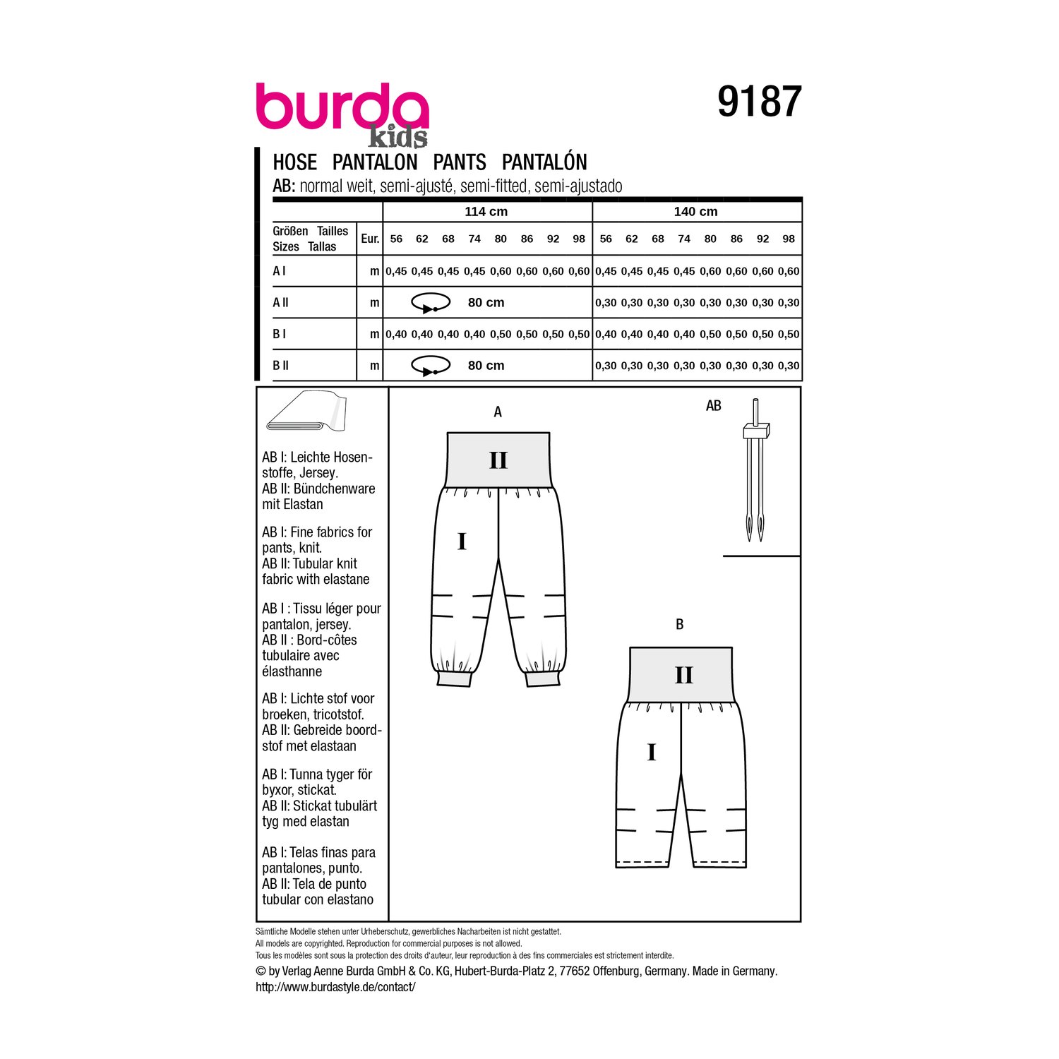 burda style Schnittmuster 9187: Babyhosen mit Bündchenbund, Rückseite der Schnittmustertüte mit Stoffverbrauch
