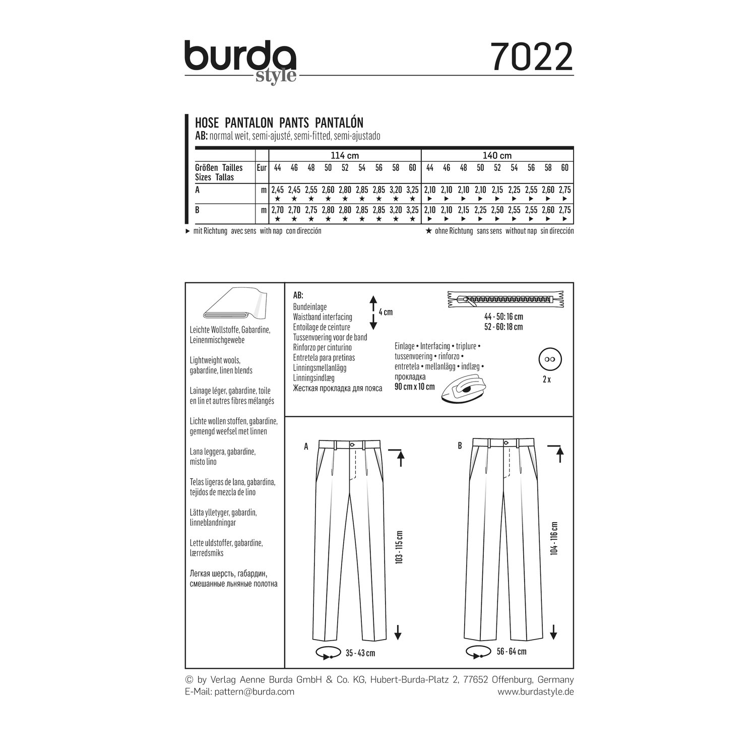 burda style Schnittmuster 7022: Herrenhose mit Bundfalte, Rückseite der Schnittmustertüte mit Stoffverbrauch