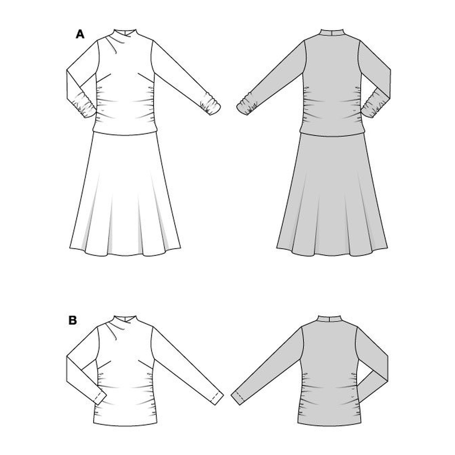 burda style Schnittmuster 5616: Drapiertes Jerseykleid und Shirt, Technische Zeichnung