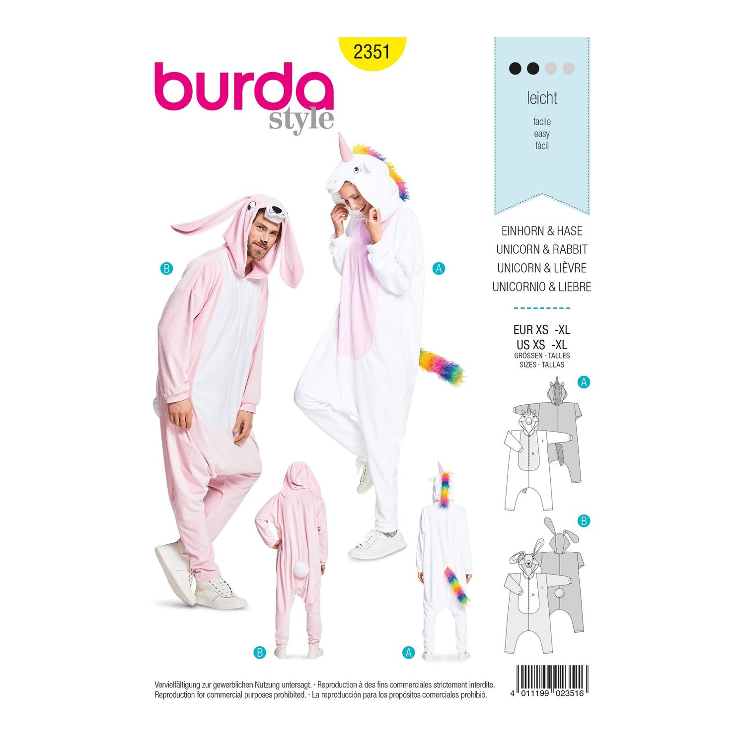 burda style Schnittmuster 2351: Einhorn- und Hasenkostüm für Erwachsene, Vorderseite der Schnittmustertüte