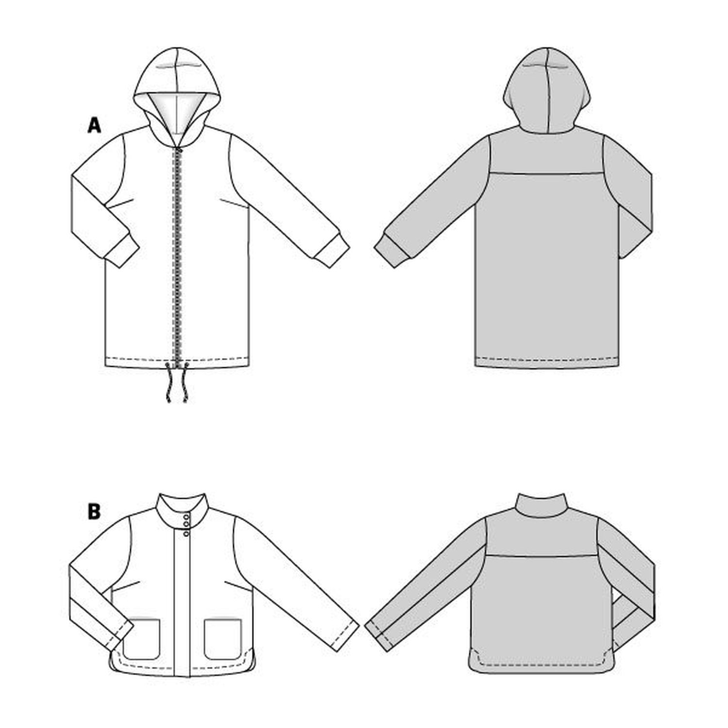 burda style Schnittmuster 5877: Kapuzenparka und Blouson, Technische Zeichnung