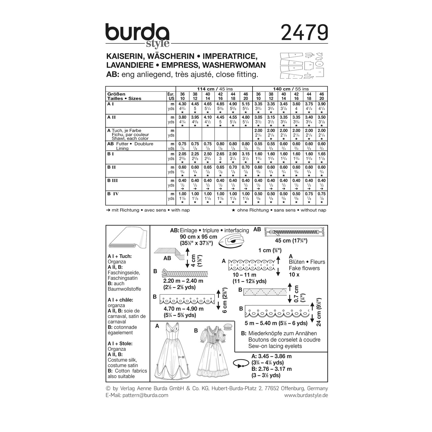 burda style Schnittmuster 2479: Kostümkleider Kaiserin und Wäscherin, Rückseite der Schnittmustertüte mit Stoffverbrauch