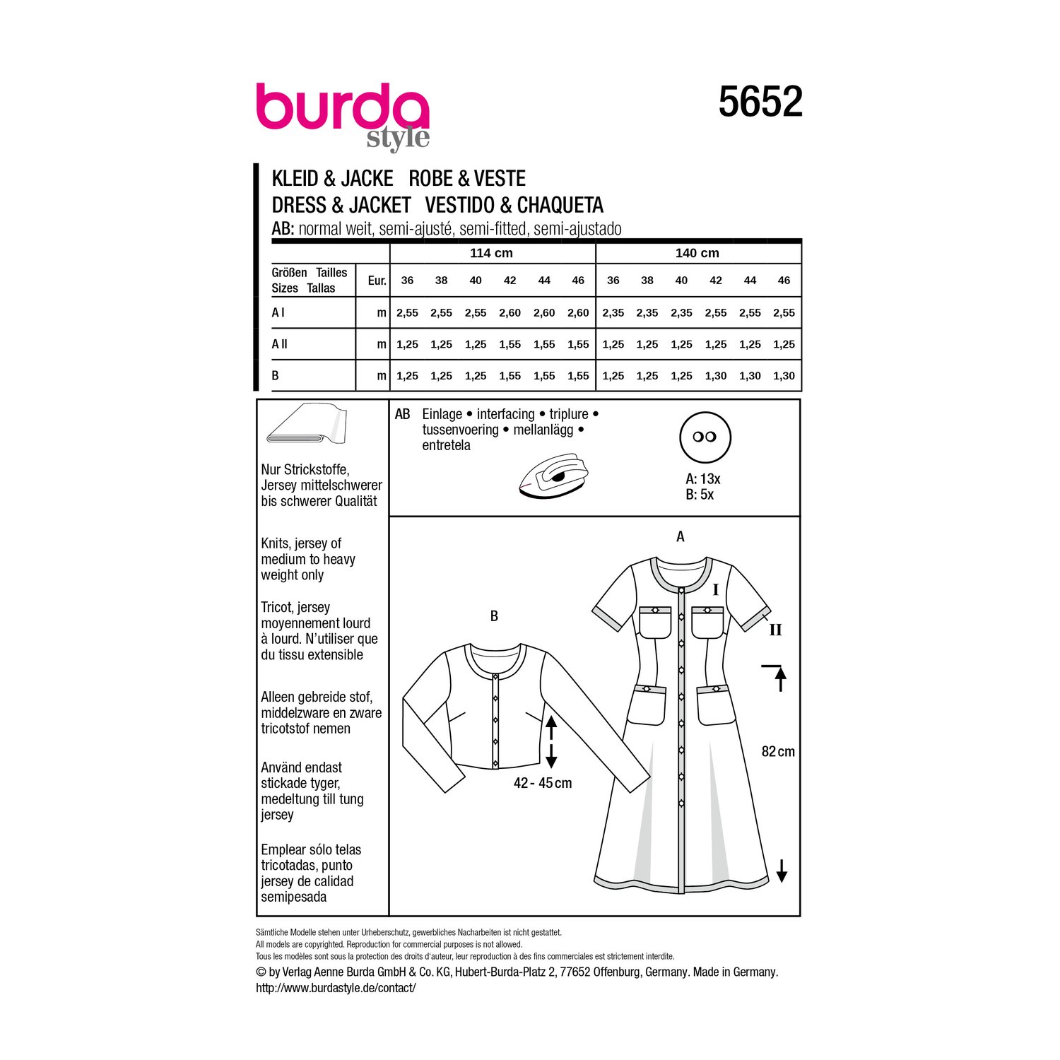 burda style Schnittmuster 5652: Strickkleid und kurze Strickjacke, Rückseite der Schnittmustertüte mit Stoffverbrauch