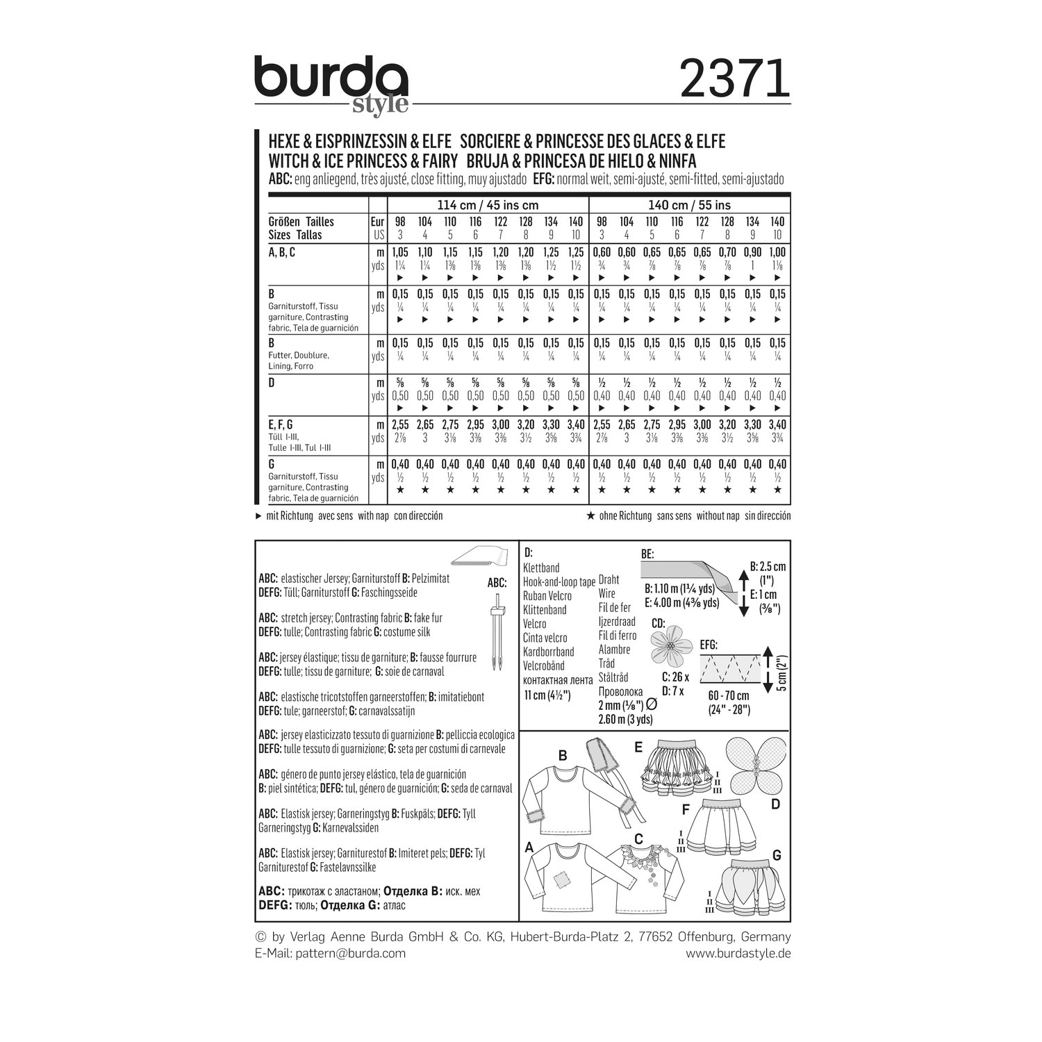 burda style Schnittmuster 2371: Kostüme Hexe, Eisprinzessin und Elfe, Rückseite der Schnittmustertüte mit Stoffverbrauch